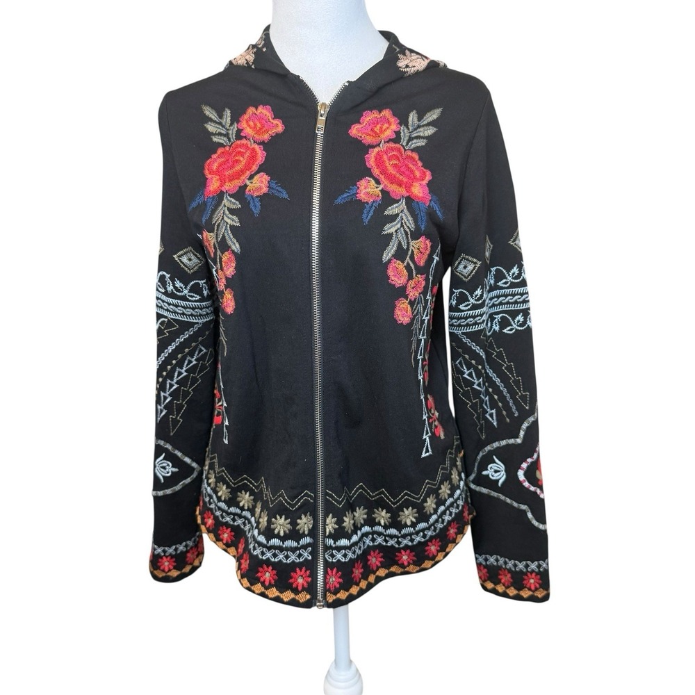 Dor Dor Couture Black Floral Embroidered Boho Full Zip Jacket Medium Colorful‎